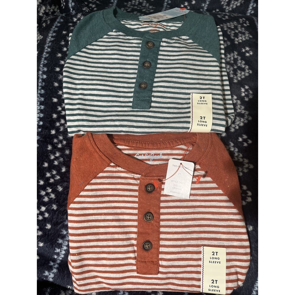 (P2) Cat And Jack-set 2 Sleeve Henley Shirts, 2T Grey/Green, and Orange/white,